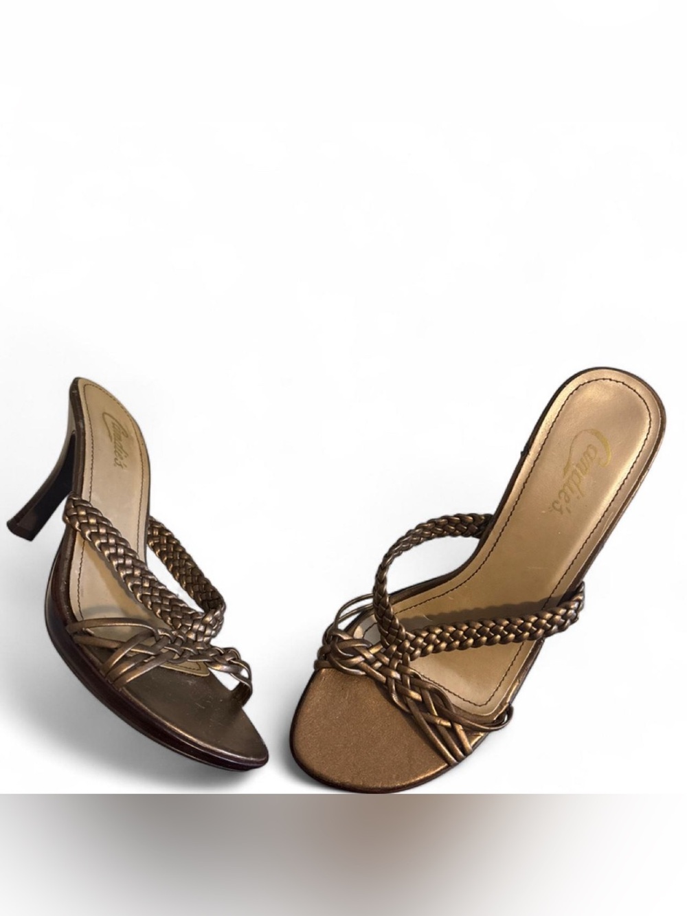 Y2K metallic bronze braided faux leather candie’s heels
